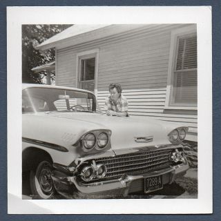 Vintage Found Photo Snapshot Ca.  1959 Lady Leans On Hood Of Her 1958 Chevy Sedan