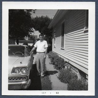 Vintage Found Photo Snapshot Ca.  1963 Man Stands By Side Of His 1959 Ford Sedan