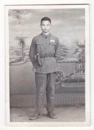 Chinese Pla Soldier Holster Ammo Belt 1958 Studio Photo Painted Backdrop China