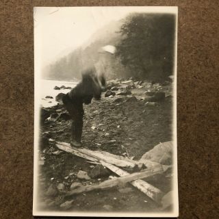 Weird Shot Man On Log With Blurry Head Blows My Mind Vintage B/w Photo Snapshot