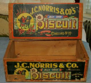 Antique Wooden J.  C.  Norris & Co Jelly Crisp Biscuit Box,  Concord,  Nh,  Dog Graphic