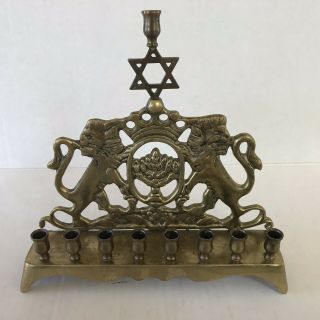 Antique Vintage Jewish Lions of Judea Solid Brass Footed Menorah Star of David 2