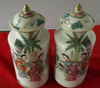 Vintage Chinese Ceramic Hand Painted Scenes 11 Inch Tall Lidded Storage Jars