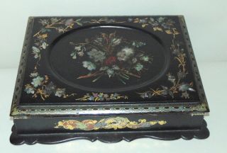 Antique Victorian Black Lacquer Inlaid Mother Of Pearl Lap Desk Papier Mache