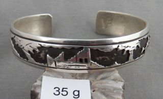 Indian Jewelry Vintage Hopi Overlay Storyteller Sterling Silver Bracelet,  Signed