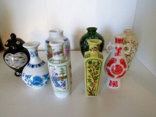 Vintage Set Of 8 Japanese Porcelain Hand Painted Miniature Asian Design Vases