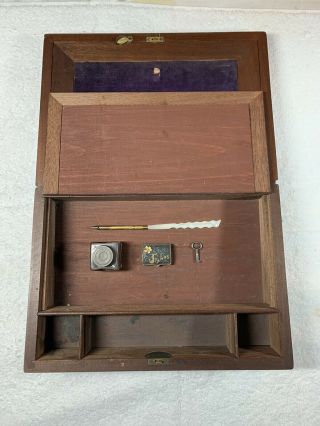 Antique Wood Writing Slope Desk Box W/stamp Tin Ink Bottle Pen 1800’s