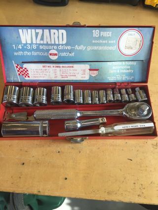 Vintage Wizard Chrome Alloy Steel Socket Set In Tin Box/insert 1/4” & 3/8” Drive