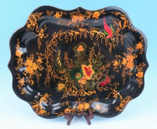 C.  1953 Hand Painted Toleware Tray W/ Bird & Flowers Artist Signed Tole Ware