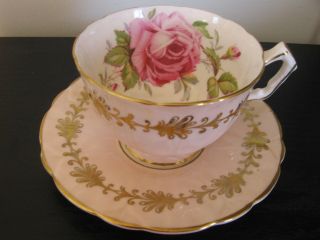 Aynsley Peach Pink Cabbage Rose Tea Cup And Saucer