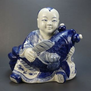 Vintage Large Asian Chinese Boy Koi Fish Ceramic Porcelain Blue White Statue