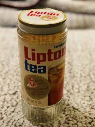 Instant Lipton Tea 3oz Glass Canister Jar Paper Label 70s Vintage Sir Thomas