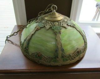 Antique Art Nouveau Green Slag Glass Hanging Lamp Painted Gold Filagree