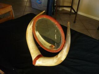 Vintage Mounted Buffalo Horns W/ Mirror For Table