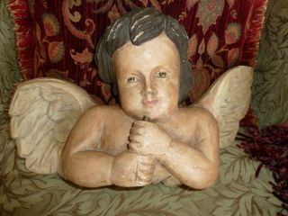 Vintage Carved Wood Angel Cherub Wall Hanging With Wings And Glass Eye