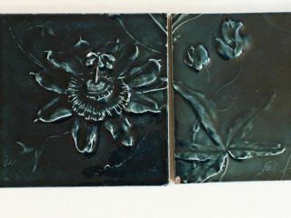 Set Of 3 J.  & J.  G.  Low Art Tile Art Pottery Tiles Blue/Green Flower Vines 2