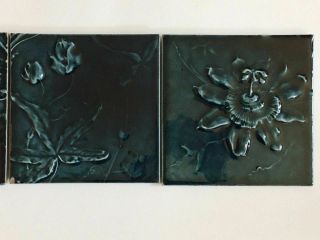 Set Of 3 J.  & J.  G.  Low Art Tile Art Pottery Tiles Blue/Green Flower Vines 3