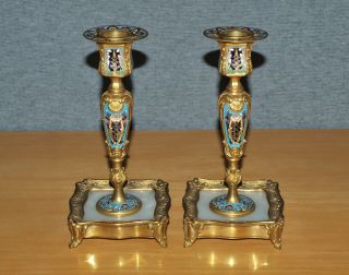 Quality Vintage Champleve Enamel & Ormolu Bronze & Candlesticks