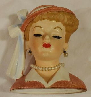 Rare Napco Head Vase Headvase Vintage 1958 C3342b Coral/peach Hat W/ Bow 5 1/2 "
