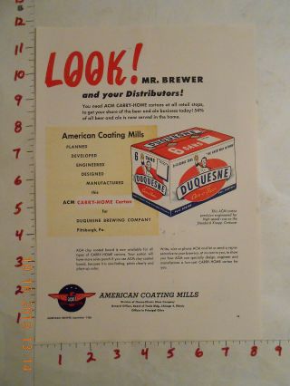 1950 American Coating Mills Beer Trade Ad Duquesne Flat Top 6 Pack Hops Article