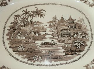 Antique Ironstone Brown Transferware Staffordshire Platter Asian River Scene 2