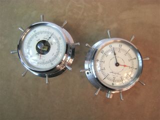 Vintage Airguide 7 Jewels 8 Day Ship Wheel Chrome Clock And Barometer