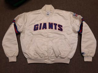 Vtg 80s 90s Starter Nfl York Giants Nylon Satin Bomber Jacket White X - Large