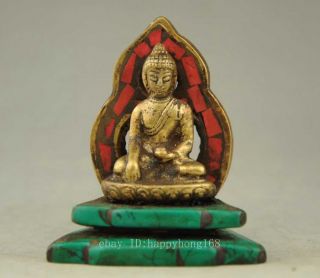 Old Copper & Turquoise Carving A Tibet Buddha Prayer Peace Showily Statue B02