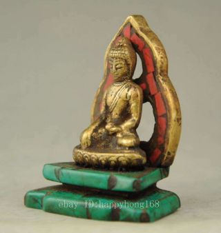 Old Copper & Turquoise Carving A Tibet Buddha Prayer Peace Showily Statue b02 3