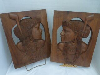 Vtg Mid Century Carved Wood Plaques Indian Philippines Igorot Tribe Us