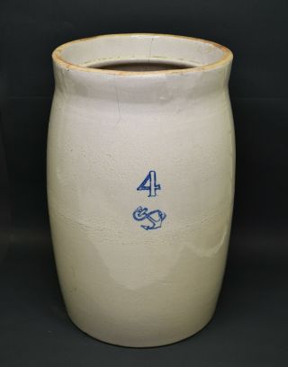 Antique Stoneware 4 Gallon Crock With Cobalt Blue Anchor 16 "