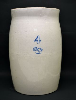 Antique Stoneware 4 Gallon Crock With Cobalt Blue Anchor 16 