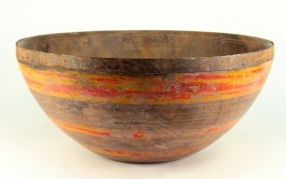 Antique 19th C.  Treen Bowl Iron Edge Painted Carved Wood American Primitive