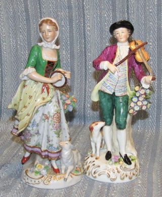 Set Of 2 (two) Sitzendorf Figurines,  Man And Woman,  Early 20th C,  Dresden Style