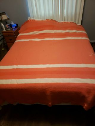 Lg Vtg Baron Woolen Mills Rising Sun Wool Blanket Coral W/cream Stripes 88x79