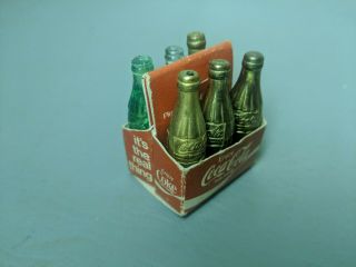 Vintage Coca Cola Soda Pop Miniature 6 Coke Bottles 4 Brass 2 Clear Package
