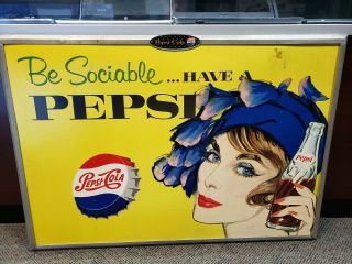 Vintage Pepsi Double - Sided Advertising Sign 38 " X 27 " W/ Aluminum Frame.