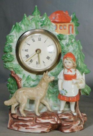 Antique German Porcelain Figural Porcelain Clock Little Red Riding Hood Bad Wolf