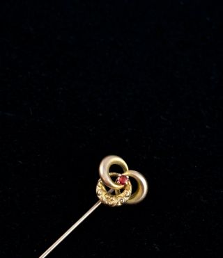 Vintage 10k Yellow Gold & Red Stone Stick Pin: Love Knot