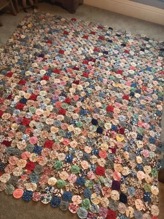 Antique Vintage Handmade Feedsack Yoyo Quilt 70x86 Bed Cover Multicolor Coverlet