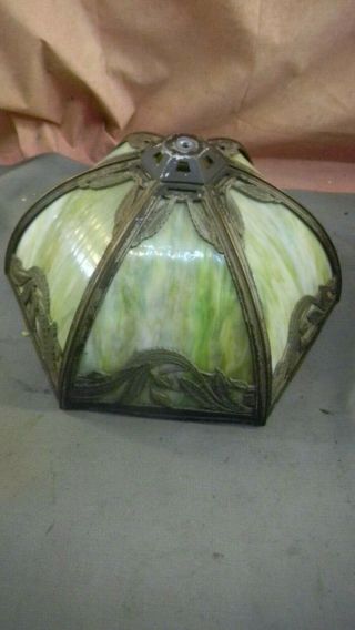 Antique Slag Glass Lamp Shade 16 In.  Wide,  6 Panel Curved Green Slag Floral Leaf