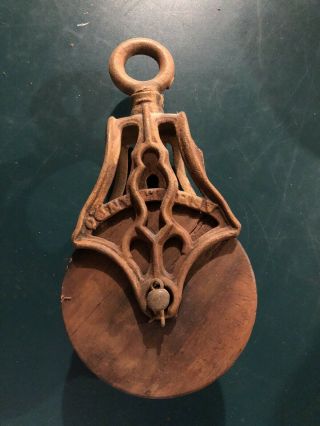 Antique Vintage Cast Iron And Wood Barn Pulley All Rare Old Farm