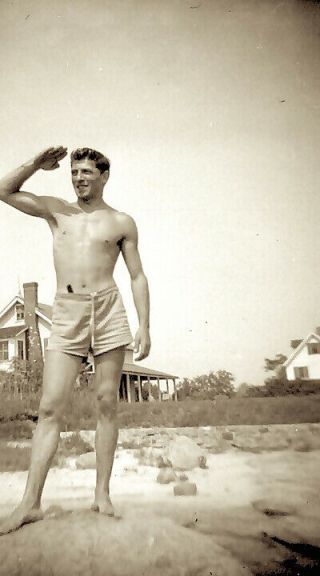 1940s Era Photo Negative Salute To Post Ww2 Muscle Fighting Man Home On Beach