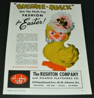 Vtg 1954 Rushton Co.  Queenie Quack Duck Stuffed Plush Toy Print Ad