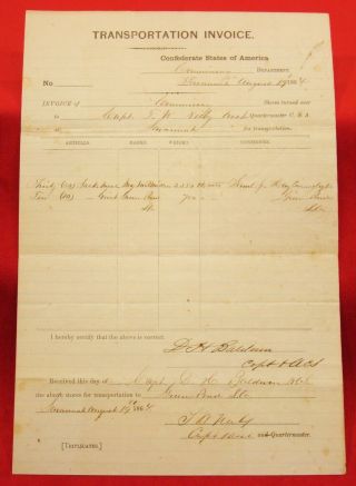 Confederate States Transportation Invoice For Grist And Meal.  Savannah Ga 1864