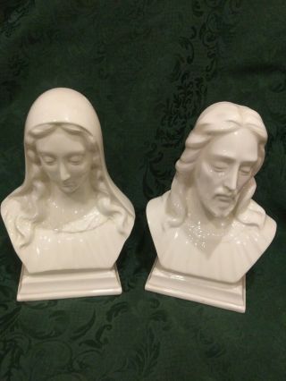 Vintage Holland Mold Jesus & Mary Bust Statue Figurines Ceramic Pearl White
