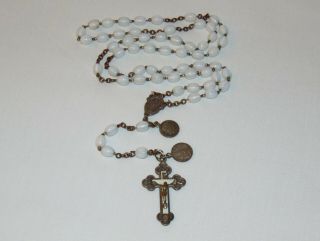 Vintage Old Antique Italian 20 " Long Rosary Necklace Opal Glass Beads