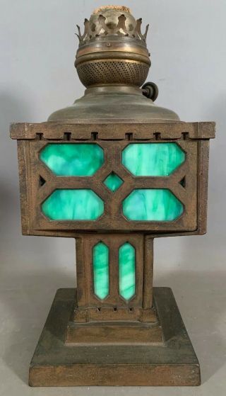 Ca.  1910 Antique Arts & Crafts Era Cast Iron Green Slag Glass Old Table Oil Lamp