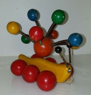 Kouvalias Vintage Greece Wooden Pull Toy Snail Slug Banana Balls On Springs