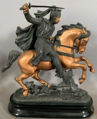 19thc Antique Victorian Mantel Statue Old King Richard Knight & Horse Sculpture